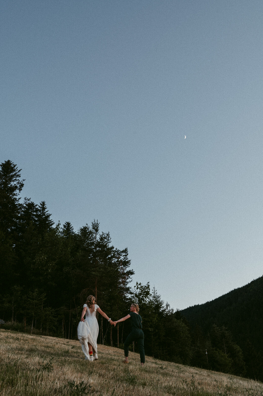 Zwei Bräute laufen einen Hügel hoch von Hochzeitsfotografin aus Zürich